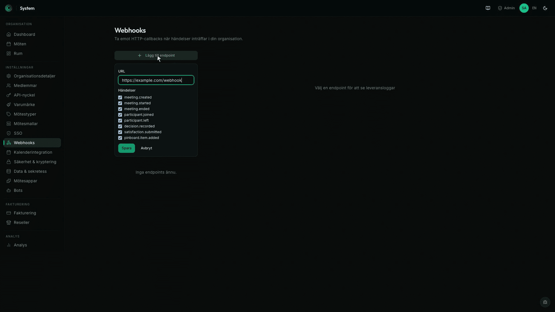 API-nyckel och webhooks